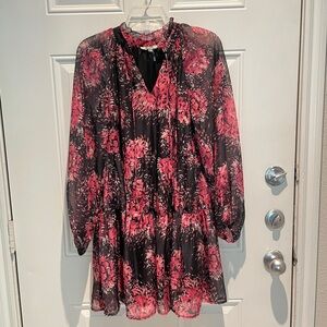 Entro Pink Black Floral Tiered Ruffle Long Sleeve Dress Size Small V-cut Boho